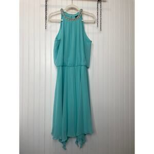 MSK Blue Halter Jeweled Handkerchief Hem Midi Dress Party Cocktail Size 12